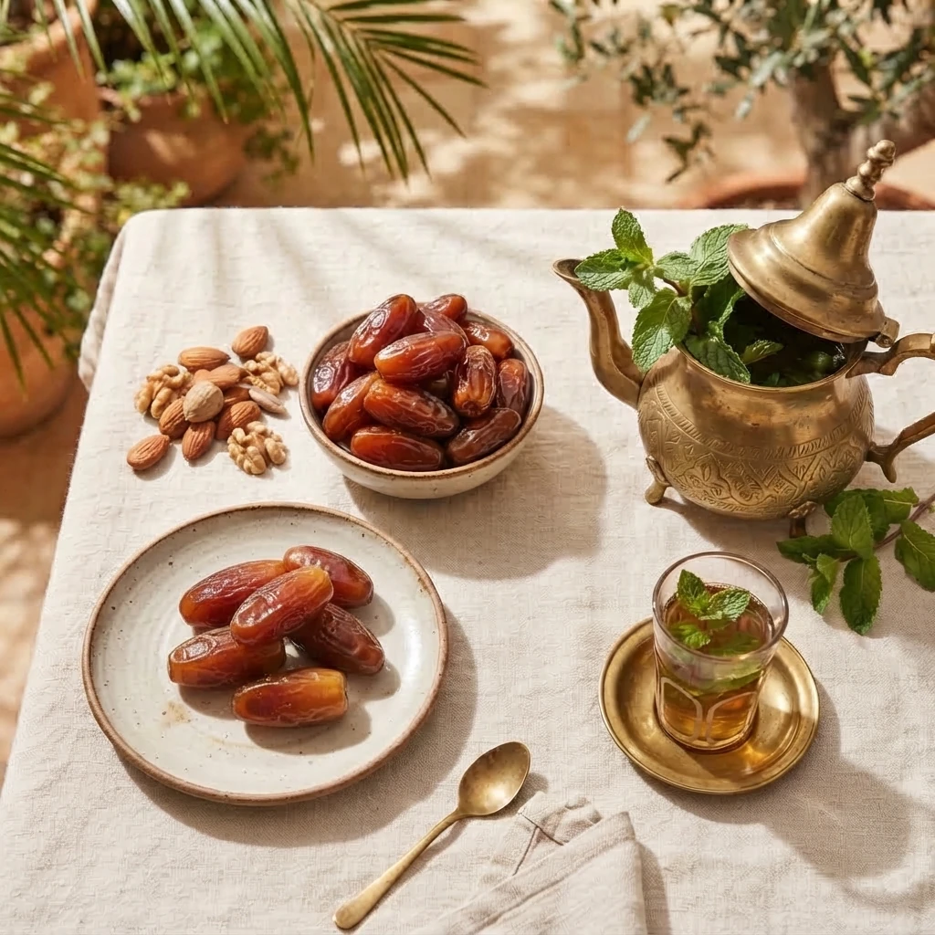 Des dattes, du thé à la menthe et des fruits à coque sur une table ensoleillée