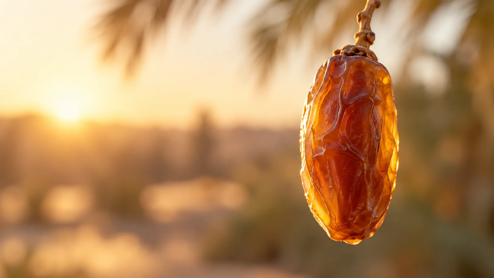 Une datte dorée suspendue à un palmier au coucher du soleil
